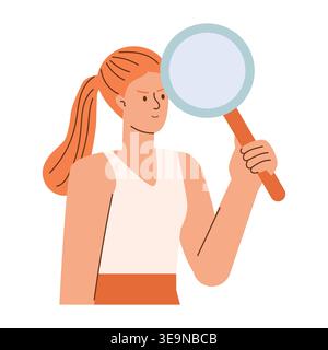 Illustration of a confident female character holding a magnifying glass, wearing a sleeveless top with a ponytail, set against a simple white Stock Vector