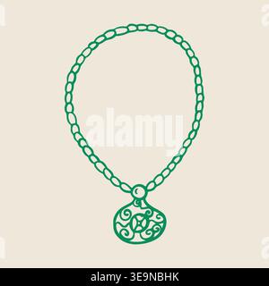 Green decorative necklace with intricate pendant design, featuring a chain of circular links and a stylized ornament hanging from the center Stock Vector