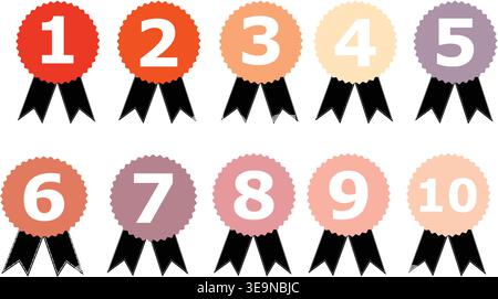 Number Award Ribbon Badge Vector Set – Ranking Medal Collection, Winner Prize Labels, Achievement Icons for Competition Design Stock Vector