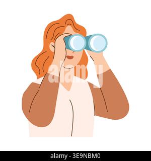Illustration of a woman with red hair using binoculars, wearing a white top and brown sleeves, observing her surroundings in a stylized, minimalistic Stock Vector