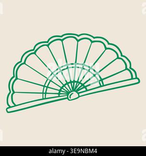 Green decorative hand fan illustration with a scalloped design and a central handle, set against a light beige background for artistic and cultural Stock Vector