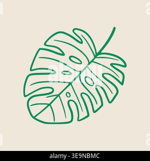 Monstera leaf illustration with detailed line art on a light beige background, showcasing the unique shape and texture of the tropical plant Stock Vector