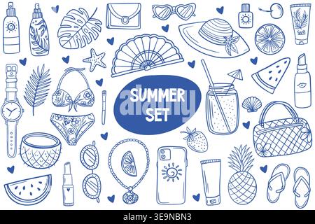 Summer-themed illustration featuring various vacation items including sunglasses, sunscreen, tropical fruits, and beach accessories arranged in a Stock Vector