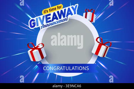 Giveaway announcement banner with gift boxes and a vibrant blue background. Ideal for social media promotions and contests. Vector illustration Stock Vector
