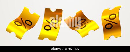 Shimmering golden tickets with percentage signs float elegantly. Ideal for sales, promotions, and special offers. Vector illustration. Stock Vector
