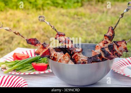 Picnic in nature, cooked barbecue and vegetables with herbs on the table. Stock Photo