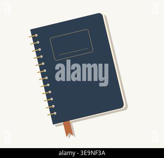 Minimalist Retro Spiral Notebook Vector Deep Blue Hardcover with Gold Wire Binding and Bookmark. Professional Stationery Asset for Back to School Stock Vector