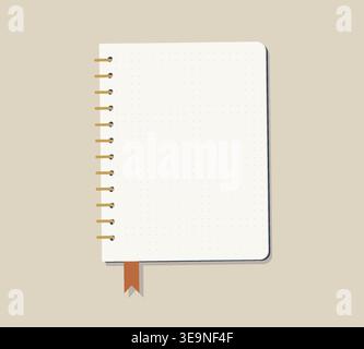 Open Spiral Notebook with Dot Grid Pages Minimalist Stationery Vector with Gold Binding and Bookmark. Flat Lay Academic Journal for Digital Planning Stock Vector