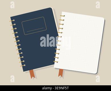 Premium Spiral Notebook Duo Vector Closed Hardcover and Open Dot Grid Pages. Academic Stationery Set with Gold Binding for Branding and Digital Stock Vector