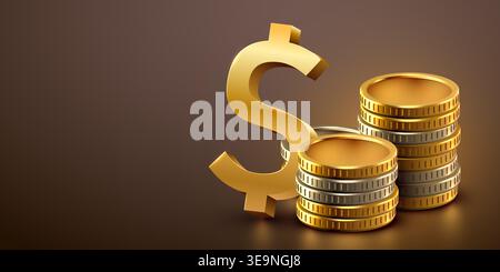 Golden dollar sign with stacks of coins on a rich background. A symbol of finance and wealth. Vector illustration. Stock Vector