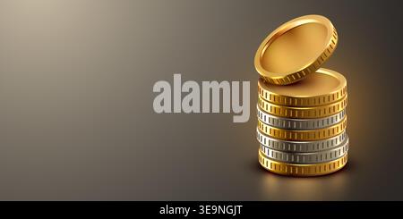 Stack of golden and silver coins on a dark background, representing finance, saving, and success. Vector illustration. Stock Vector