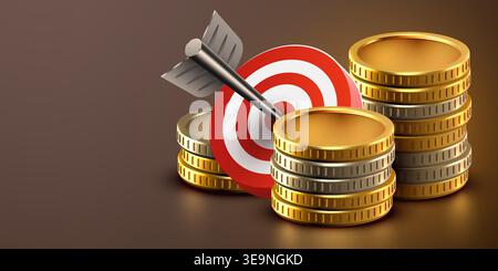 Target hit by arrow with stacks of gold coins, symbolizing financial goal achievement. Vector illustration. Stock Vector
