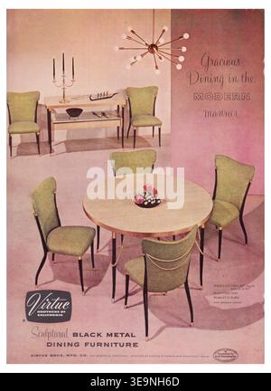 1955 Sculptured Black Metal dining furniture set produced by Virtue Brothers of California. The set, designed by Robert Kjer Jakobsen, is a collectible example of mid-century modern design characterized by sleek metal legs and durable vinyl upholstery. Stock Photo