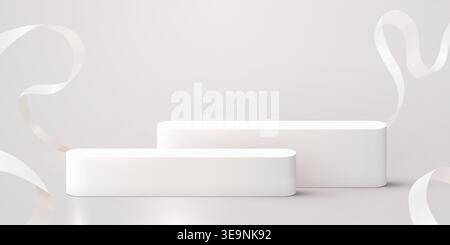 Minimalist white product display podium with elegant ribbons. Clean modern stand for your brand. Vector illustration Stock Vector