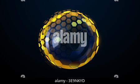 Abstract energy shield sphere with glowing yellow hexagons on dark background. Futuristic Vector illustration. Stock Vector