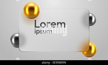 Glassmorphism banner with golden and silver spheres. Abstract modern design template. Vector illustration. Stock Vector