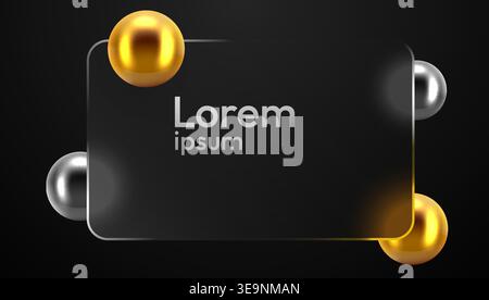 Glass morphism banner with abstract spheres. A modern transparent frame for design and text. Vector illustration. Stock Vector