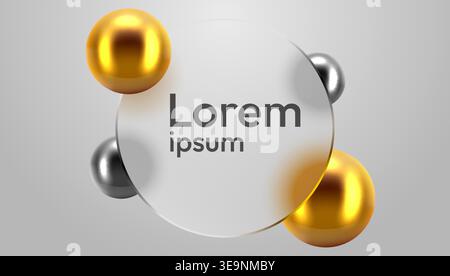 Abstract background with glassmorphism frame and glossy spheres. Minimalist modern template. Vector illustration Stock Vector