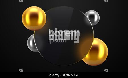 Abstract glass frame with 3D metallic spheres. Modern dark background for your text. Vector illustration Stock Vector