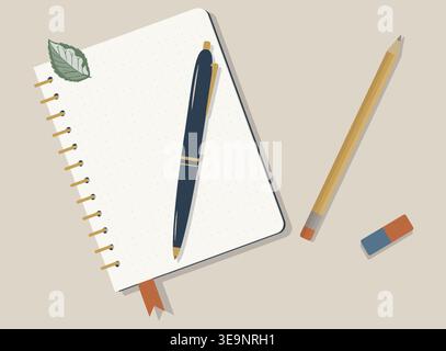 Botanical Academic Workspace Flat Lay Open Dot Grid Notebook with Sage Green Leaf, Elegant Pen and Pencil. Eco-Friendly Stationery Vector Design Stock Vector