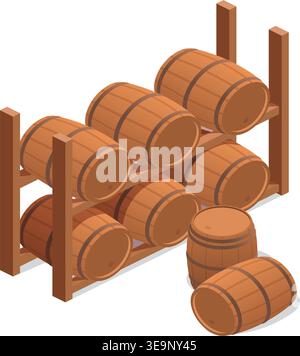 An isometric 3D illustration featuring wooden wine barrels stored on a rack and placed on the ground for warehouse use. Stock Vector