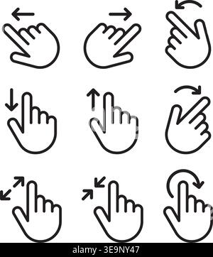 A comprehensive collection of line icons representing common touch interface interactions for mobile and web applications. Stock Vector
