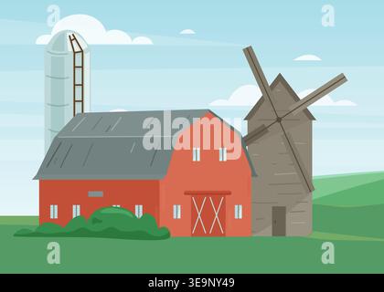 Flat vector illustration of a traditional red barn, tall grain silo, and stone windmill on a rural green landscape. Stock Vector