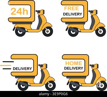 Scooter delivery icons set. Courier moped shipping and fast delivery symbols Stock Vector
