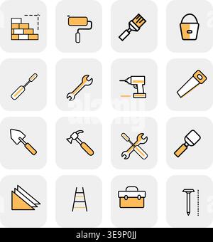 Construction Icon Set – Building Tools, Architecture and Engineering Symbols Collection Stock Vector
