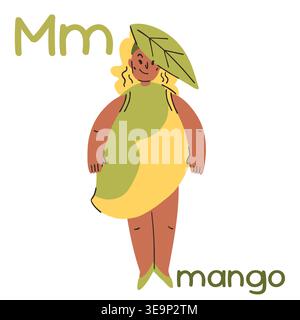 A girl in a mango costume with a leaf on her head, learning the alphabet in fruit costumes, letter M Stock Vector