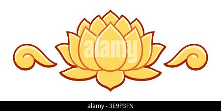 Golden lotus flower decoration element, header or divider. Chinese or Thai ornament style drawing. Vector clipart illustration. Stock Vector