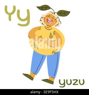 Laughing chubby curly blond guy in yuzu fruit costume with green leaves on his head, letter y educational flashcard Stock Vector