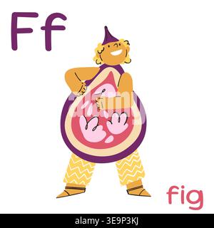 An educational flashcard for the letter G featuring a character in a fig costume and yellow zigzag pants. Stock Vector