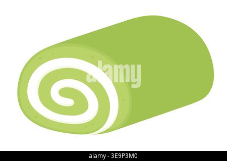 Japanese matcha cake roll dessert. Green Swiss roll filled with whipped cream. Simple cartoon drawing, flat vector clip art illustration. Stock Vector