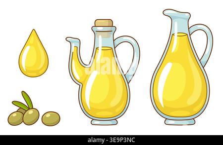 Glass jug and bottle of olive oil, olives, drop of oil. Cartoon style drawing vector illustration set. Stock Vector