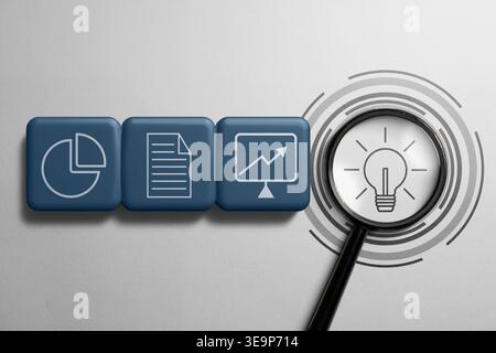 Conceptual Business Strategy and Innovation Research Analysis with Magnifying Glass and Data Icons. Business Concept. High quality photo Stock Photo