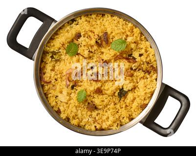 yellow seasoned rice in stainless steel pot isolated white background, mint leaves raisins and fried onions, top view, biryani concept Stock Photo