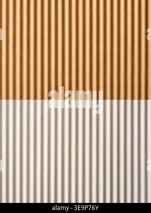 brown and white corrugated paper sheets, vertical linear pattern of ridges, full frame texture, recycling design concept Stock Photo