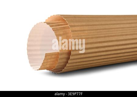 roll of brown corrugated paper isolated white background, layered cardboard structure, side view closeup, shipping supplies concept Stock Photo