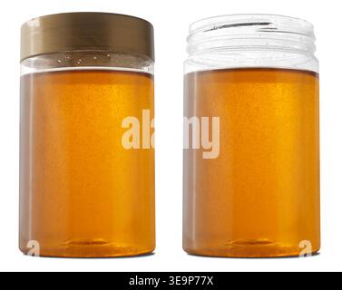 clear plastic jars of liquid honey isolated white background, amber viscous nectar with gold lid and open container, front view Stock Photo