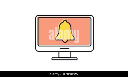 Computer notification and service alert icon: desktop PC with notification bell on screen Stock Vector