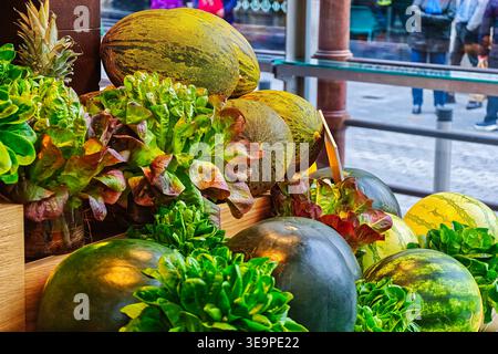 Whole fruits on display for sale in the fruit shop of the San Miguel market, Madrid. Stock Photo