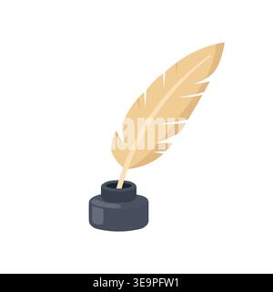 Quill pen in inkwell, flat vector illustration, literature concept Stock Vector