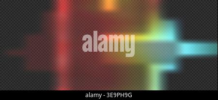 Abstract colorful light leak effect with soft blurred rays and bokeh on dark background. Creative vibrant lens flare and neon glow overlay for cinemat Stock Vector