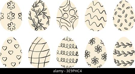Collection of Easter eggs with various minimalist black ink ornaments on beige background. Decorative vector set with flowers and leaves and hearts fo Stock Vector