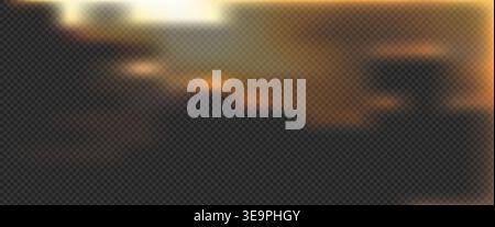 Warm golden light leak effect with soft orange glow and sun flare on dark background. Abstract blurred sunbeam and luxury spark overlay for romantic c Stock Vector