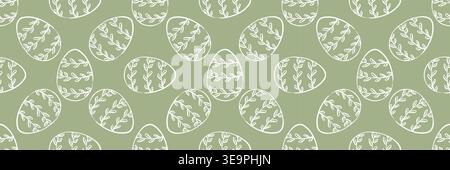 Elegant seamless pattern with hand drawn Easter eggs and botanical ornament on sage green background.Minimalist organic spring texture for natural wra Stock Vector