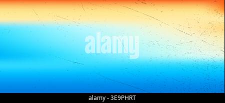 Grunge gradient background blending warm orange and yellow into bright blue, with scratched texture overlay, perfect for summer posters, surf themes a Stock Vector
