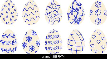 Collection of Easter eggs with various minimalist blue ink ornaments on beige background. Decorative vector set with flowers and leaves and hearts for Stock Vector