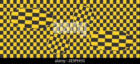 Optical illusion background with yellow and black checkered pattern. Abstract distorted checkerboard with warped spheres and ellipses for racing sport Stock Vector